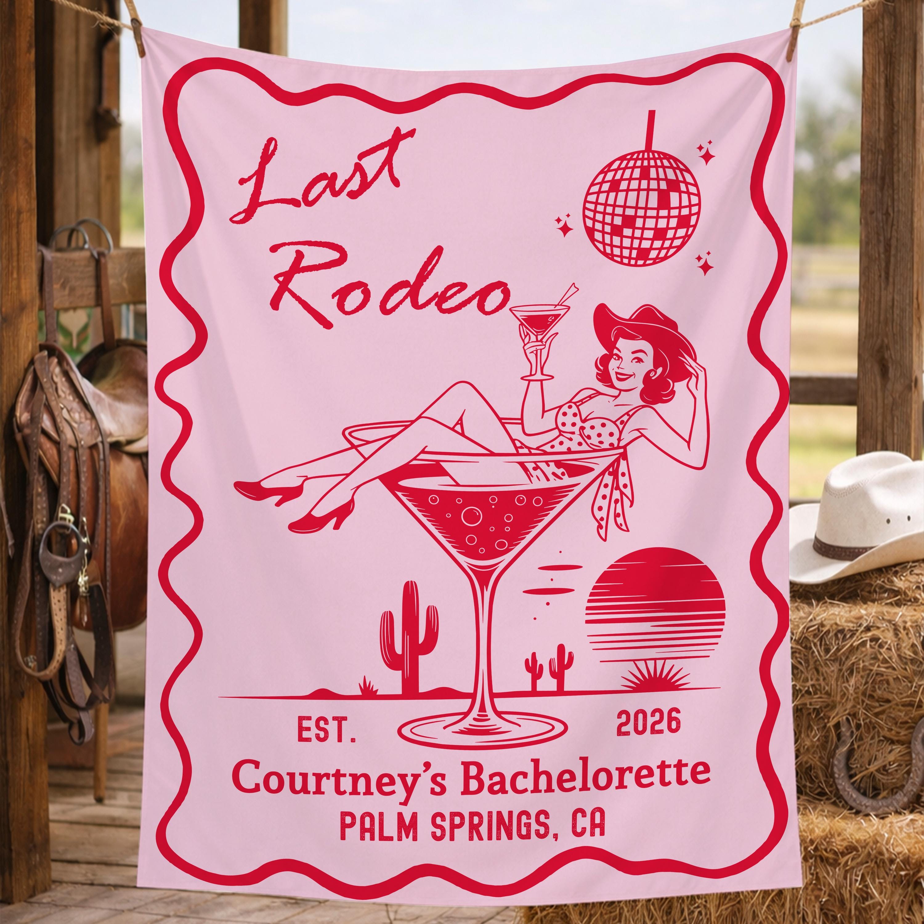 Last Rodeo Cowgirl Bachelorette Silk Backdrop with Retro Disco Theme, Red and Pink Western Party Banner, Personalized Palm Springs Decor