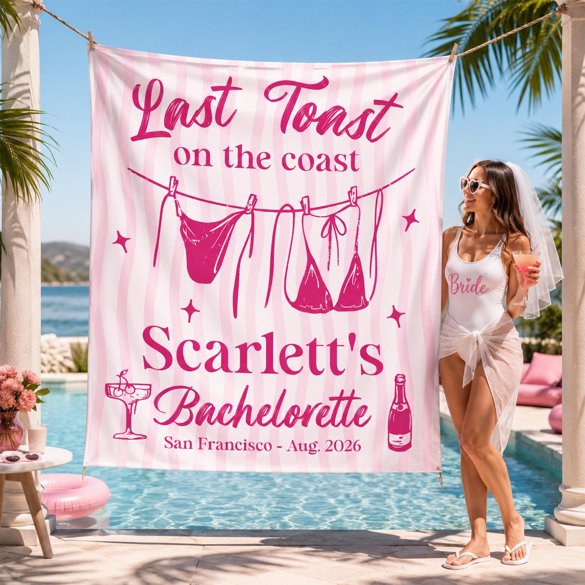 Last Toast on the Coast Banner Customized Bachelorette Party Decorations with Pink Stripes, Magenta Graphics, and Fun Coastal Theme