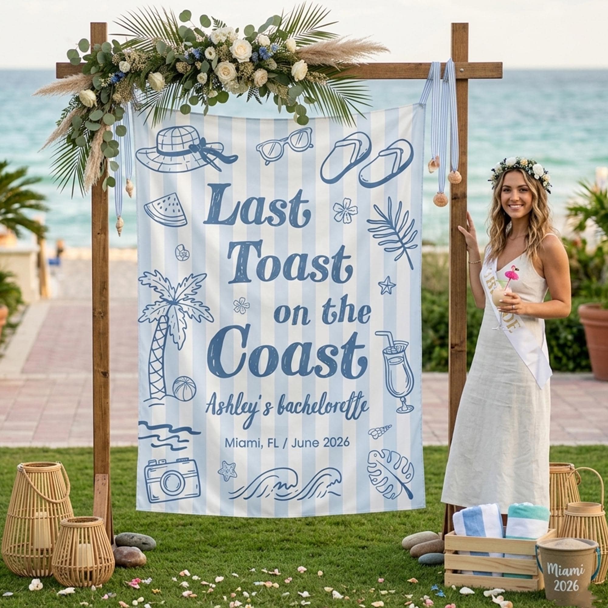 Last Toast on the Coast Personalized Bachelorette Banner with Coastal Blue Stripes and Tropical Illustration for Miami June 2026