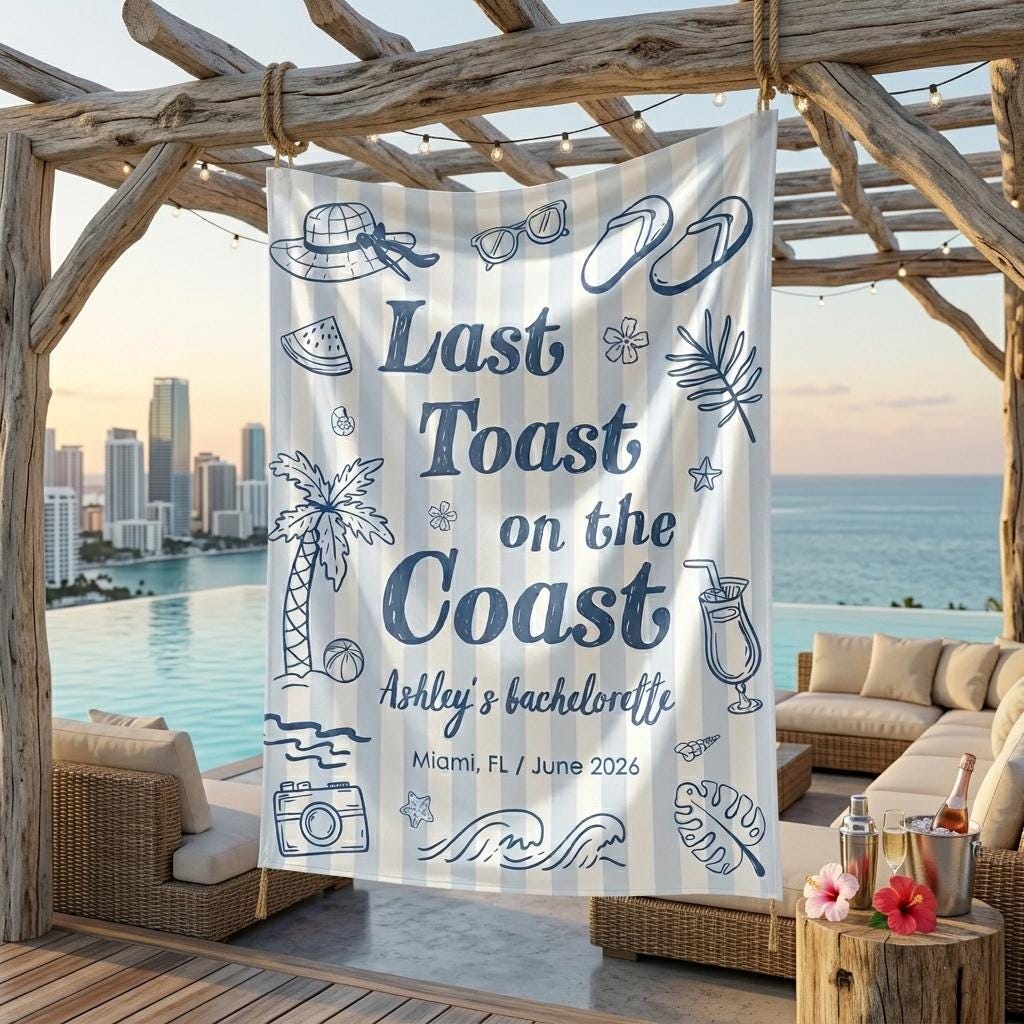 Last Toast on the Coast Personalized Bachelorette Banner with Coastal Blue Stripes and Tropical Illustration for Miami June 2026