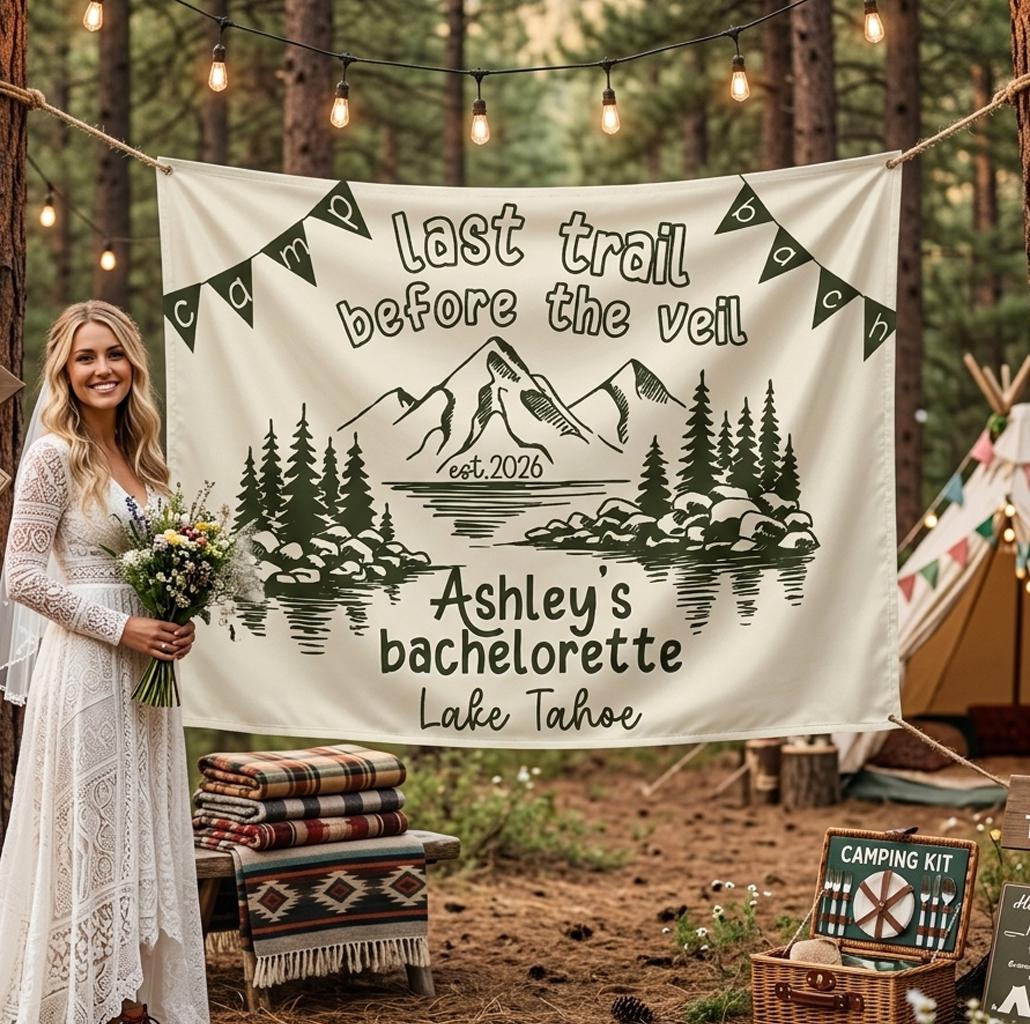 Last Trail Before the Veil Custom Silk Banner for Bachelorette Party, Rustic Camp Bach Lake Tahoe Decor with Mountain Design