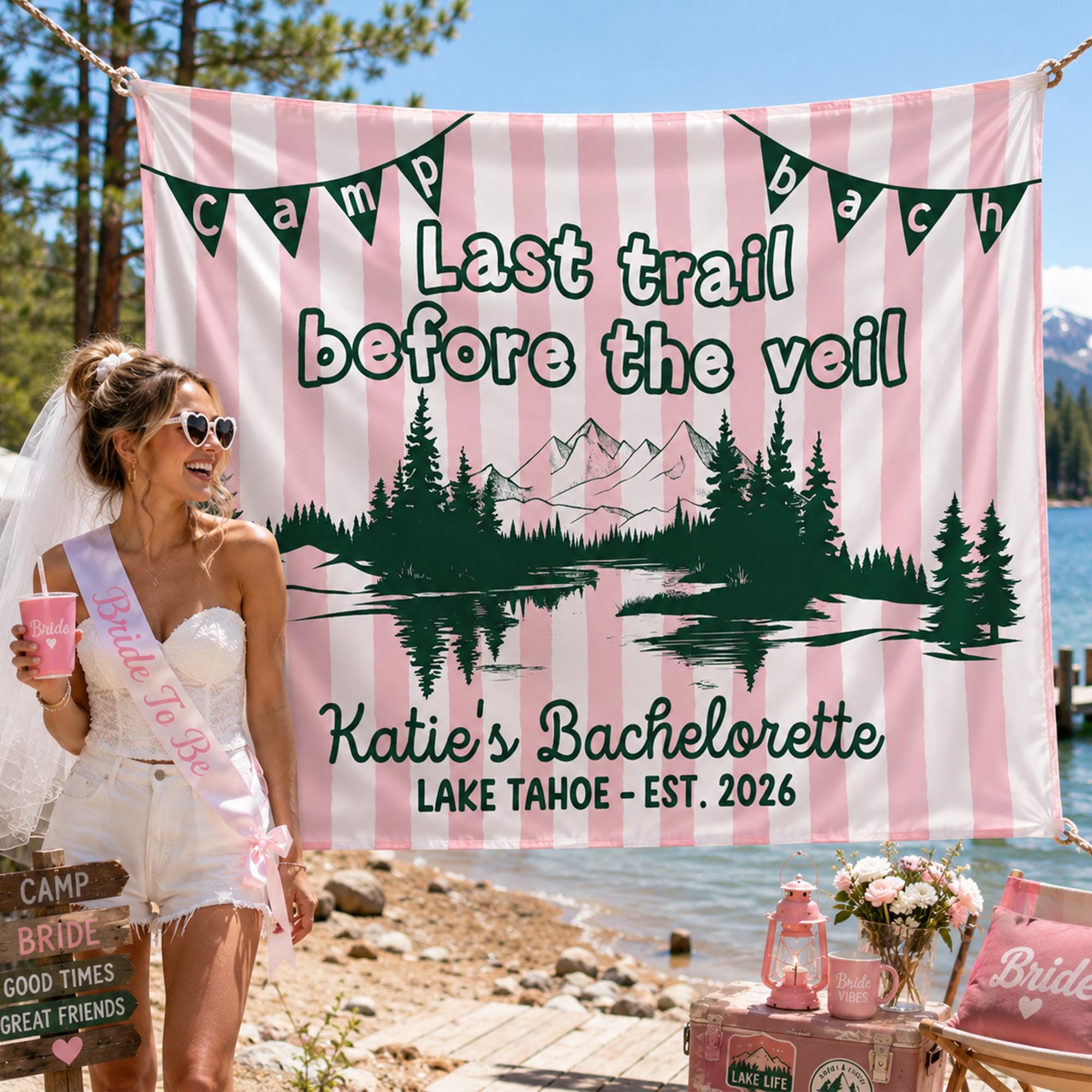 Last Trail Before the Veil Silk Banner Camp Bach Bachelorette Decor Personalized Lake Tahoe Pink Stripe Rustic Party Backdrop Sign