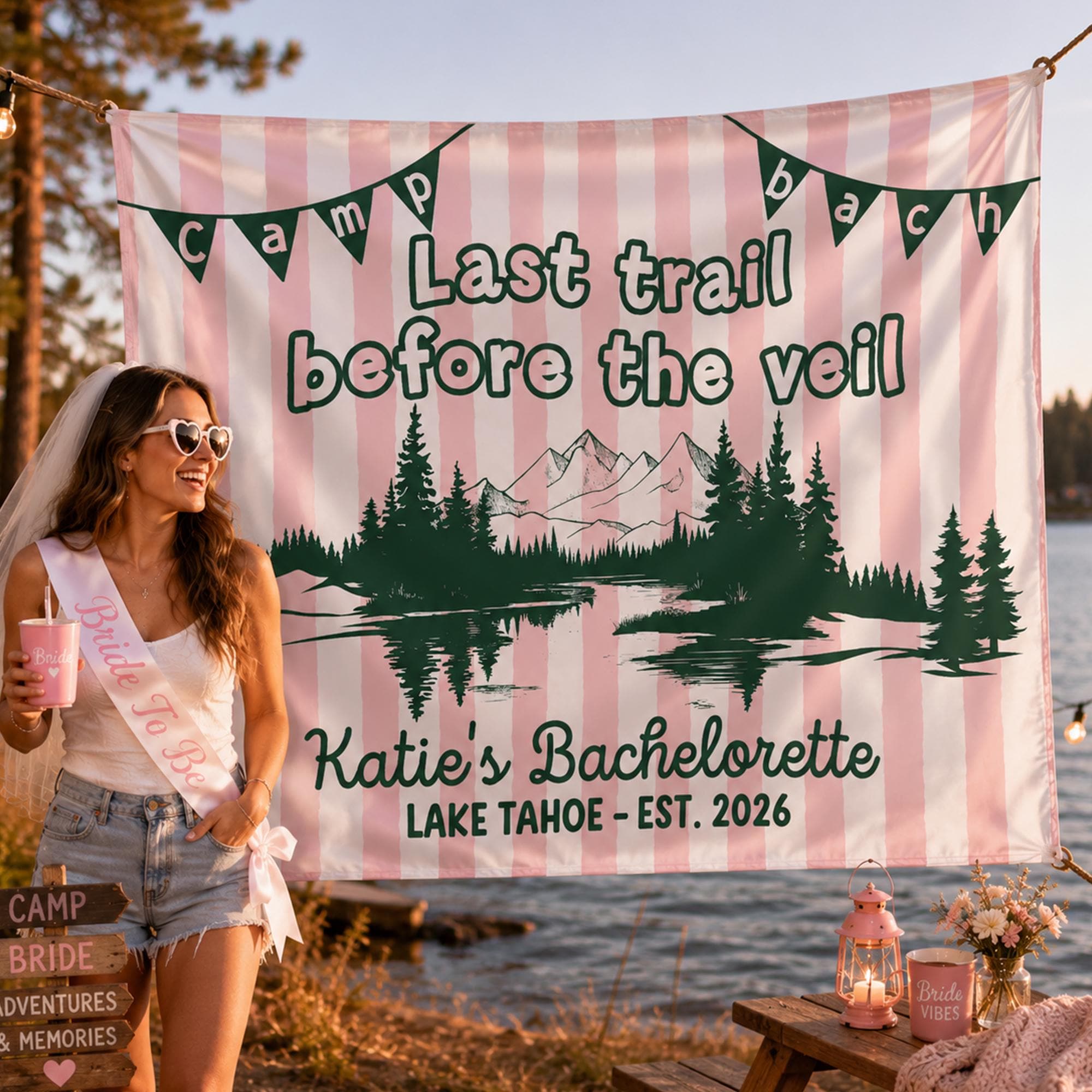 Last Trail Before the Veil Silk Banner Camp Bach Bachelorette Decor Personalized Lake Tahoe Pink Stripe Rustic Party Backdrop Sign