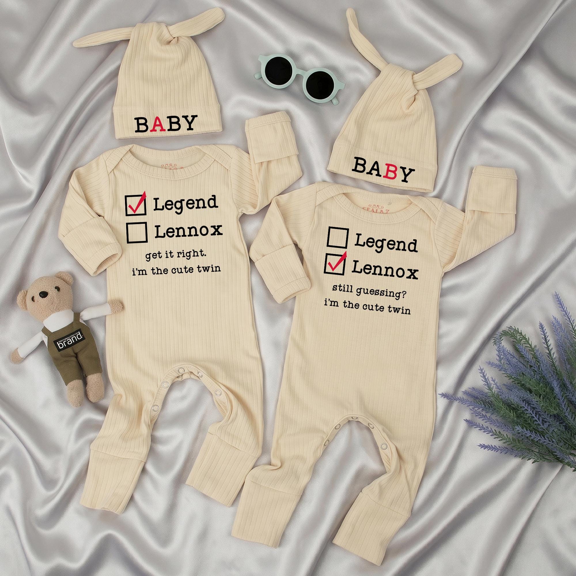 Legend and Lennox Twin Baby Bodysuit and Hat Set, Cute Matching Newborn Outfit with Custom Name, Funny Baby Shower Gift