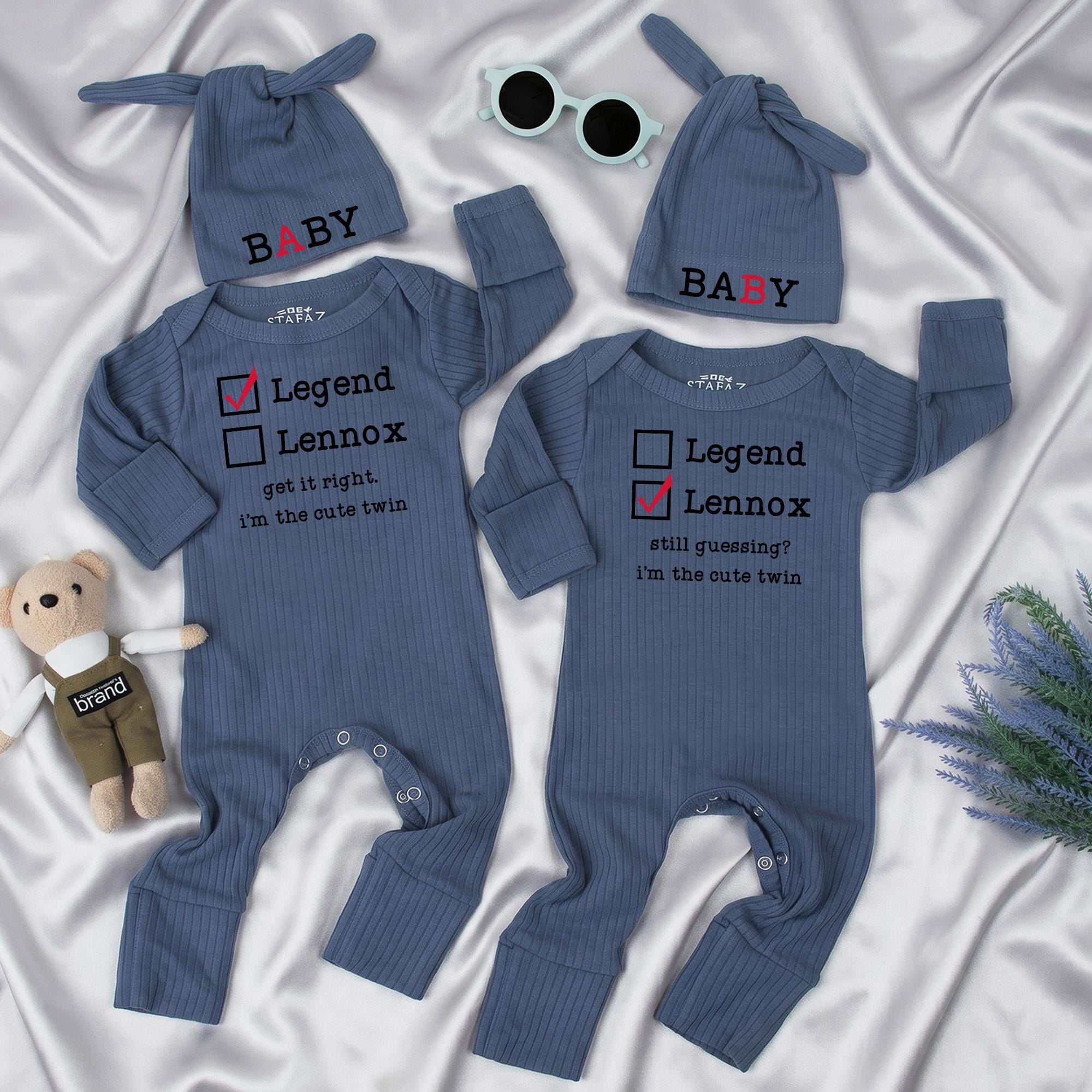 Legend and Lennox Twin Baby Bodysuit and Hat Set, Cute Matching Newborn Outfit with Custom Name, Funny Baby Shower Gift