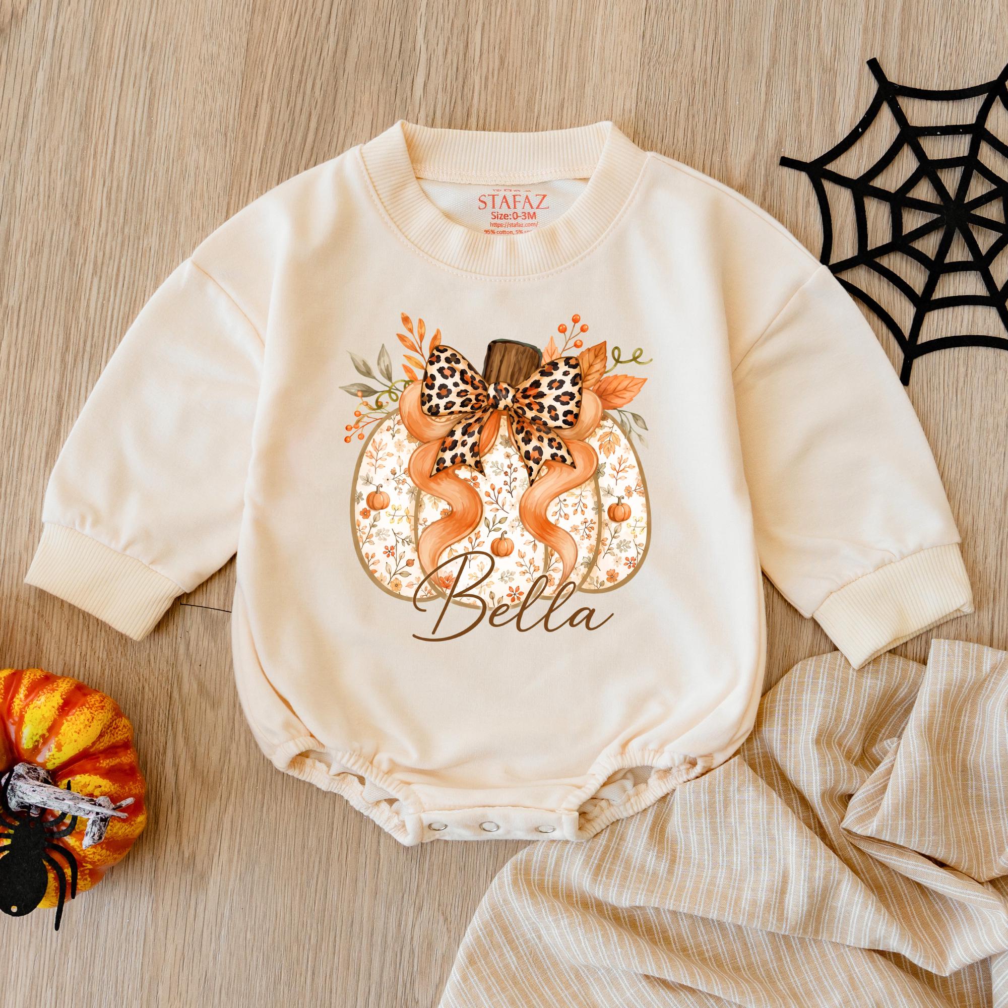 Leopard Bow Pumpkin Baby Romper with Custom Name, Fall Baby Outfit for Pumpkin Patch and Halloween, Cute Autumn Baby Gift