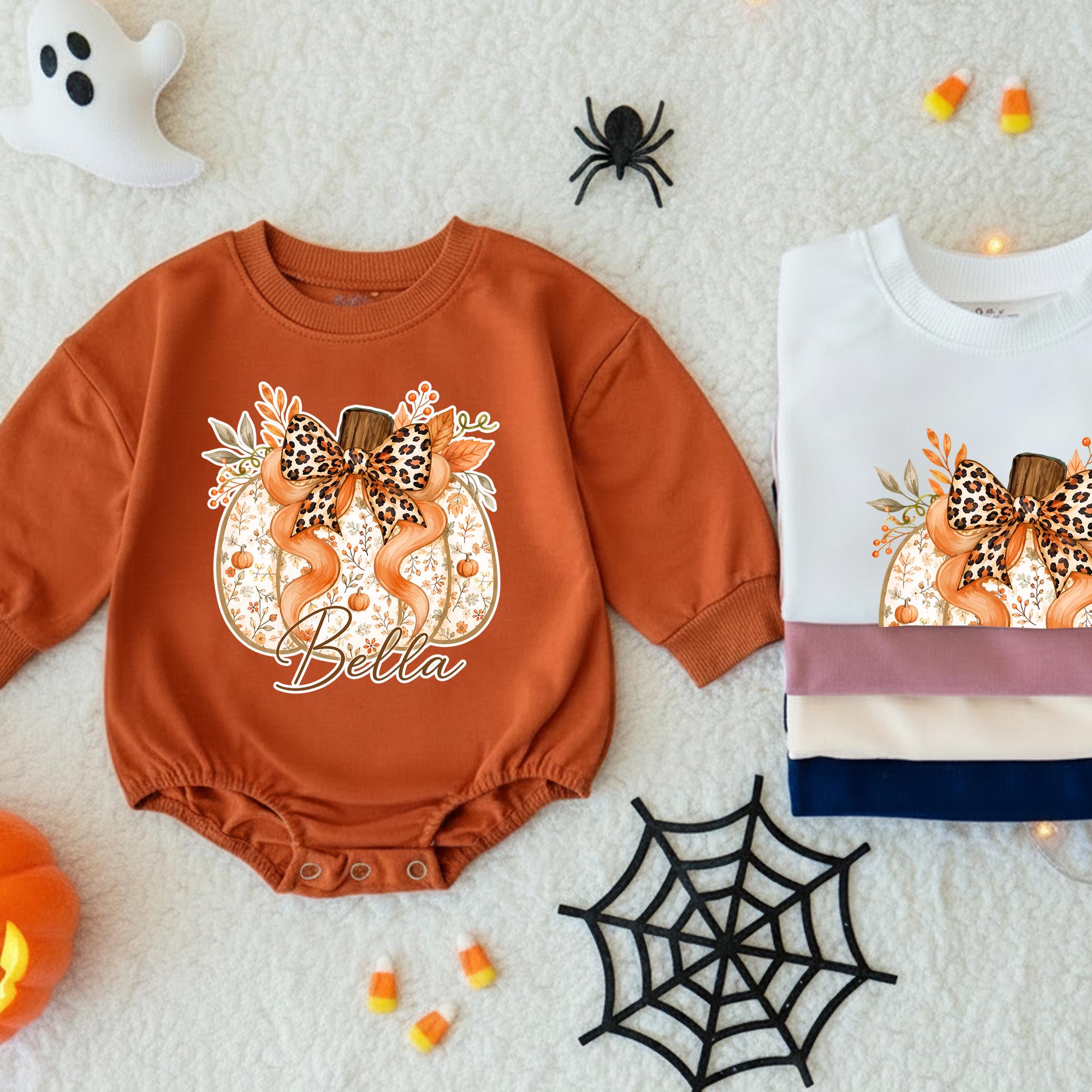 Leopard Bow Pumpkin Baby Romper with Custom Name, Fall Baby Outfit for Pumpkin Patch and Halloween, Cute Autumn Baby Gift