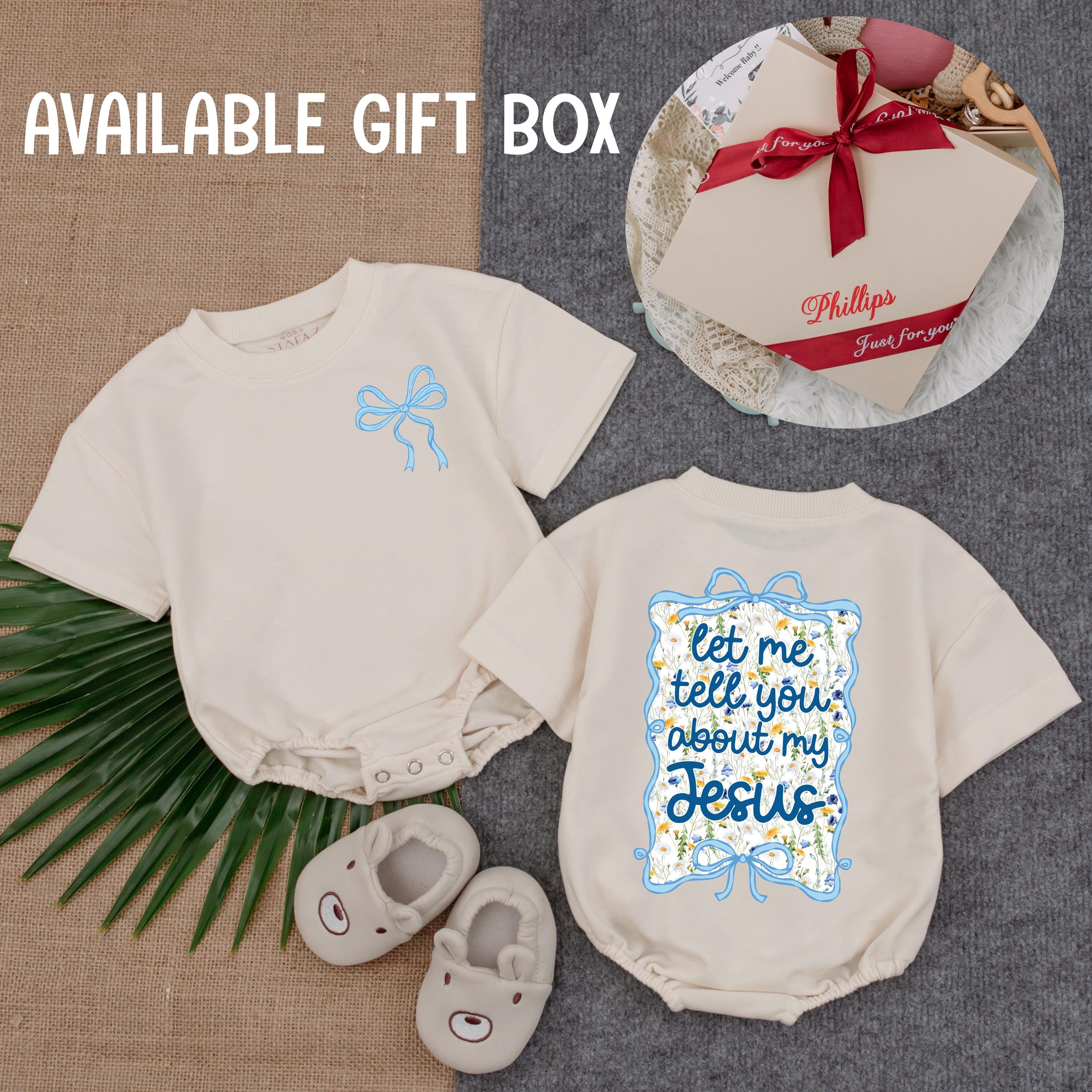 Let Me Tell You About My Jesus Baby Girl Bubble Romper with Floral Ribbon Design, Christian Infant Bodysuit, Soft Cotton Religious Gift