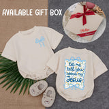 Let Me Tell You About My Jesus Baby Girl Bubble Romper with Floral Ribbon Design, Christian Infant Bodysuit, Soft Cotton Religious Gift