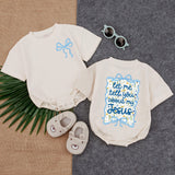 Let Me Tell You About My Jesus Baby Girl Bubble Romper with Floral Ribbon Design, Christian Infant Bodysuit, Soft Cotton Religious Gift