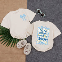 Let Me Tell You About My Jesus Baby Girl Bubble Romper with Floral Ribbon Design, Christian Infant Bodysuit, Soft Cotton Religious Gift