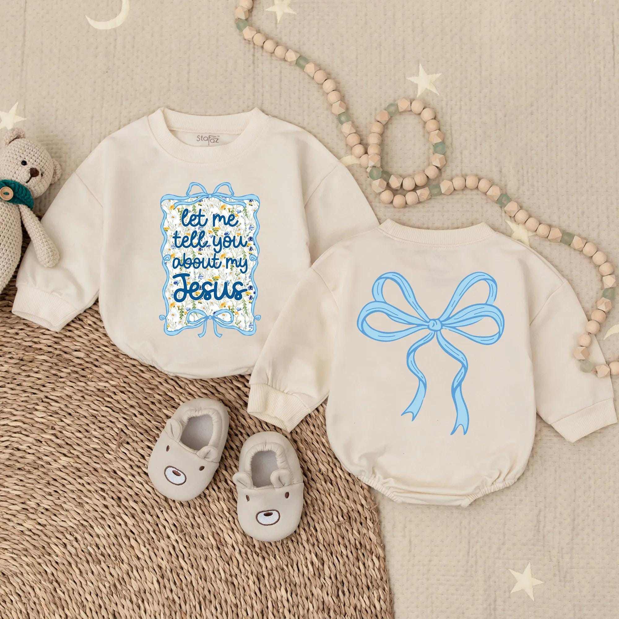 Let Me Tell You About My Jesus Blue Romper Baby Girl Outfit Floral Bow Toddler Christian Clothes Soft Cotton Comfortable Gift Idea