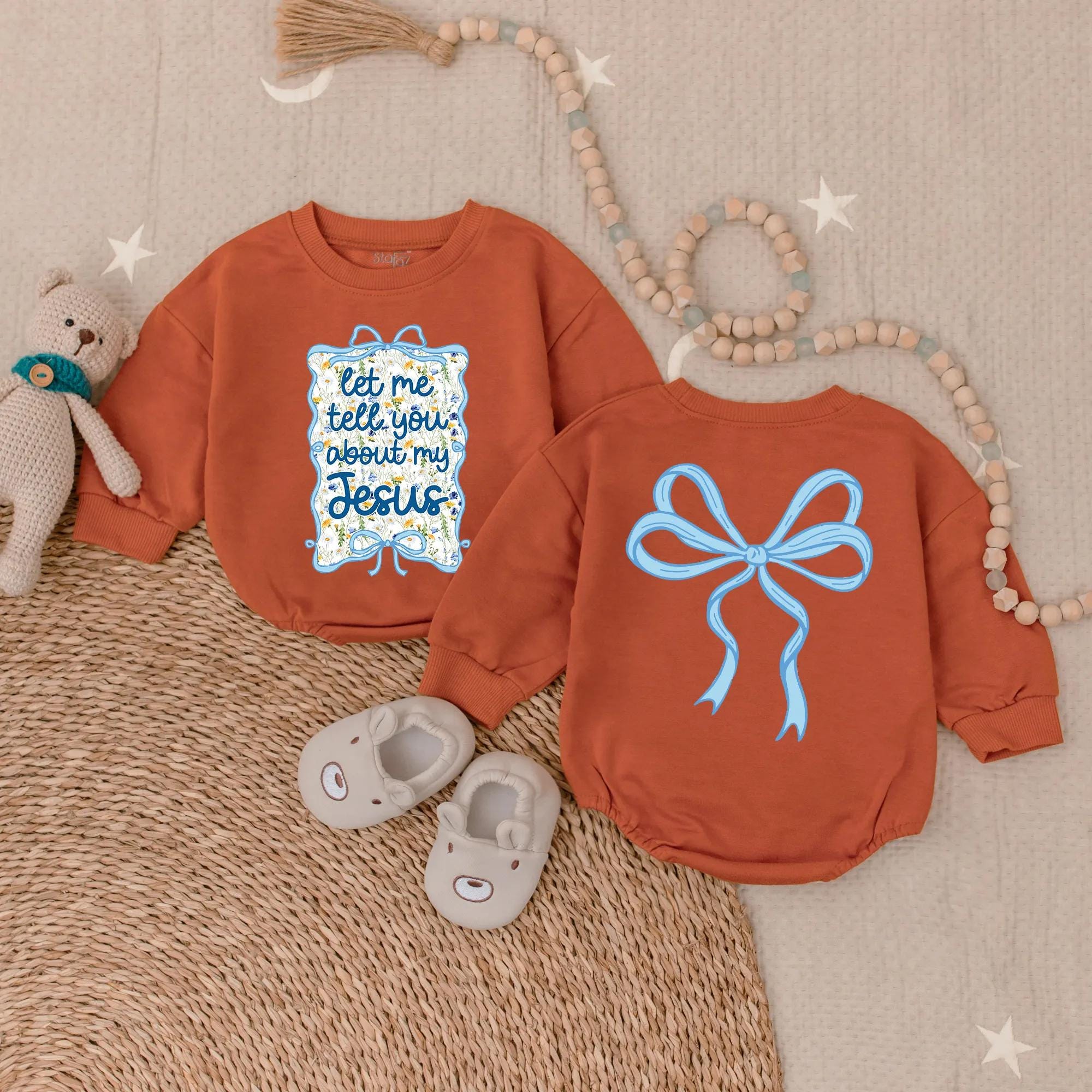 Let Me Tell You About My Jesus Blue Romper Baby Girl Outfit Floral Bow Toddler Christian Clothes Soft Cotton Comfortable Gift Idea