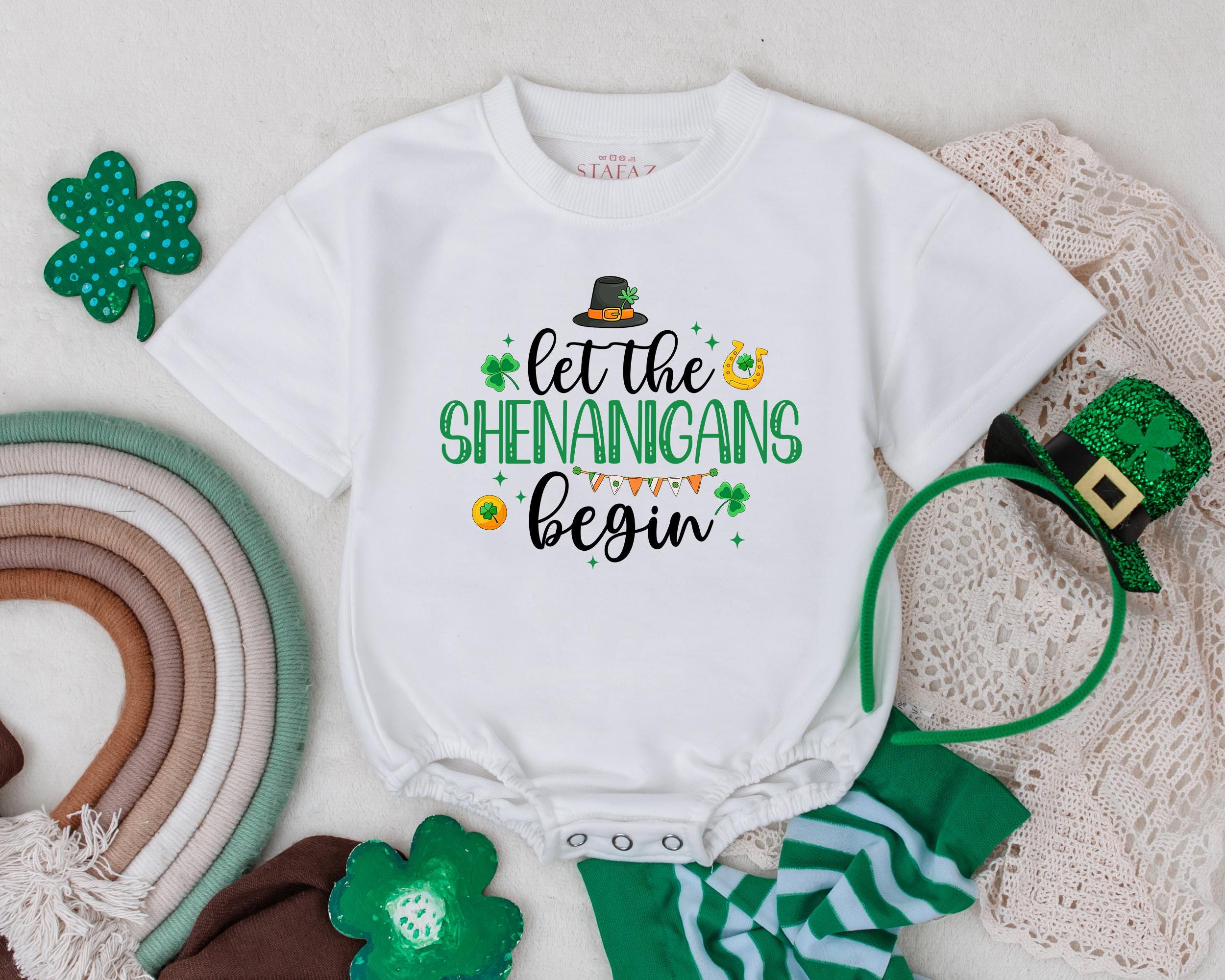 Let The Shenanigans Begin Baby Romper St Patrick's Day Outfit Infant Irish Bodysuit Cute Shamrock Design for Boys Girls Gift