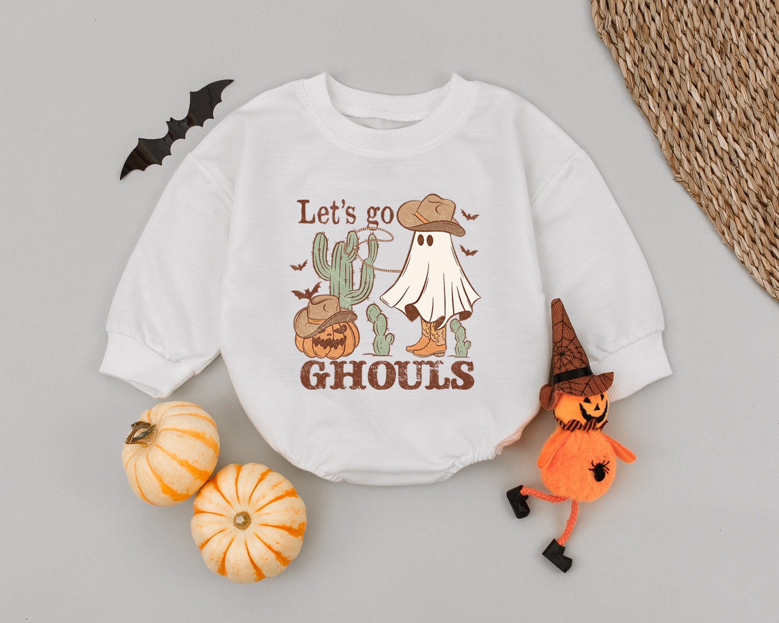 Let’s Go Ghouls Baby Romper Retro Western Halloween Outfit Cute Pumpkin Ghost Bodysuit Soft Cotton Infant Costume First Holiday
