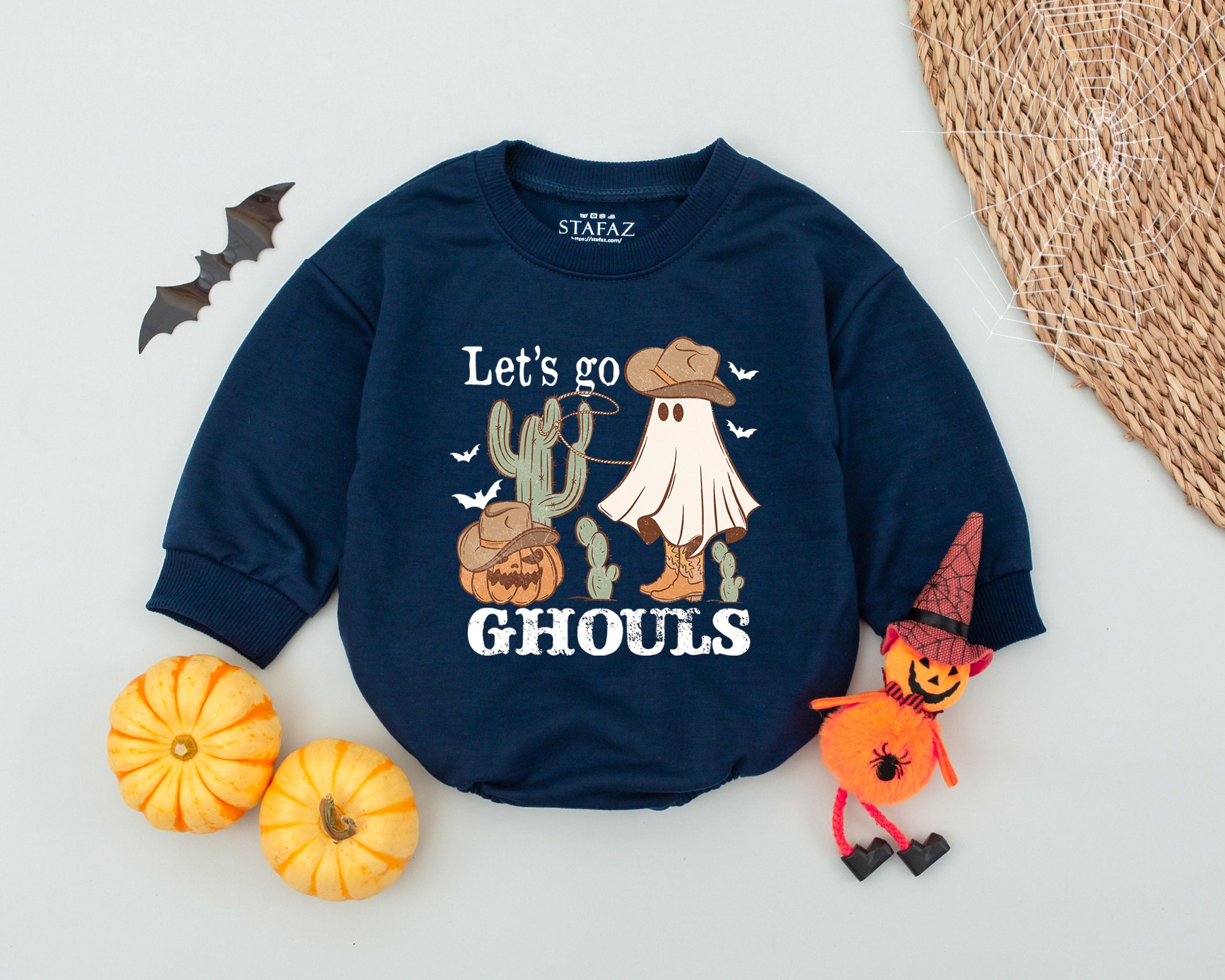 Let’s Go Ghouls Baby Romper Retro Western Halloween Outfit Cute Pumpkin Ghost Bodysuit Soft Cotton Infant Costume First Holiday