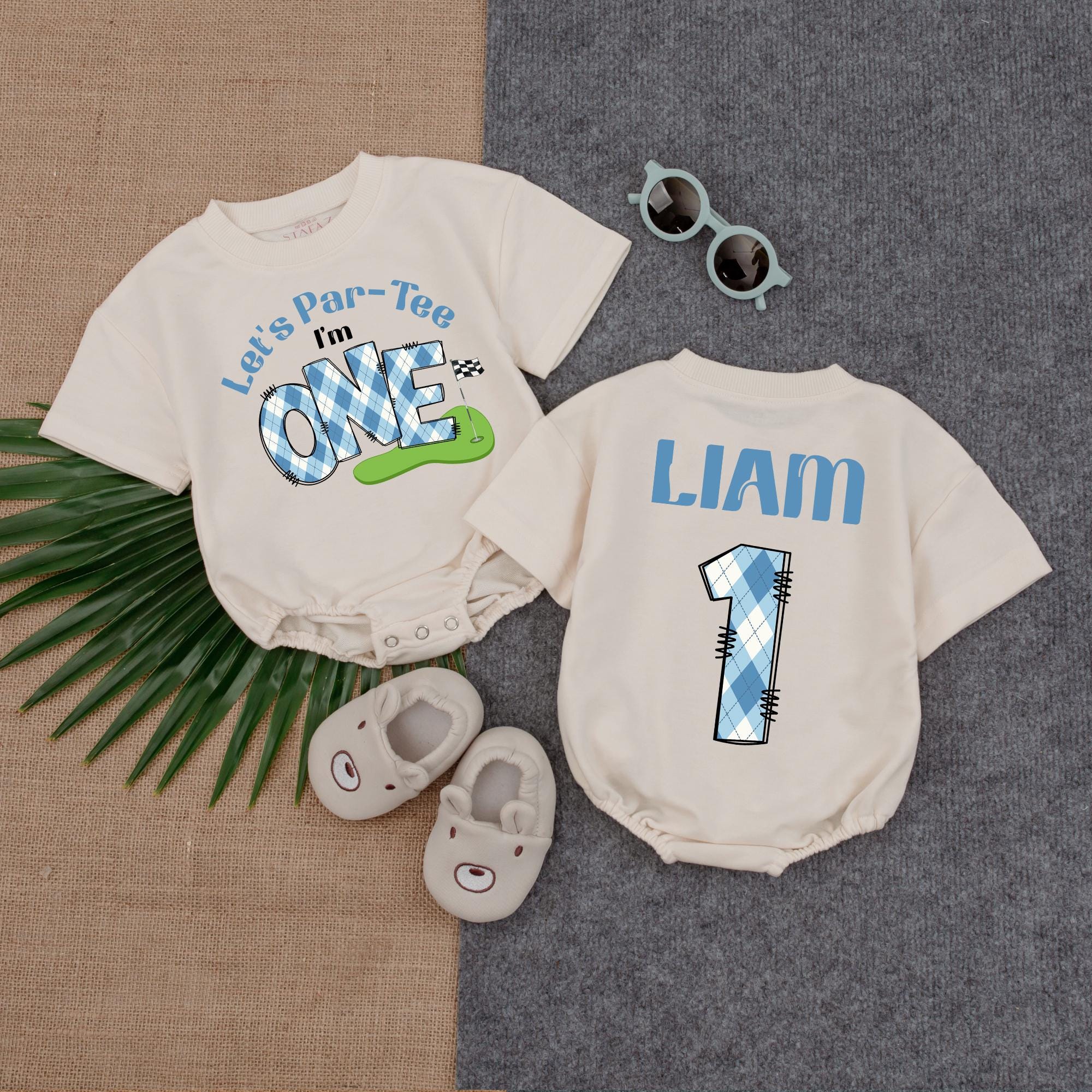 Let's Par-Tee I'm ONE Birthday Romper for Boys Personalized Golf Outfit Baby's First Party Blue Plaid Toddler Gift