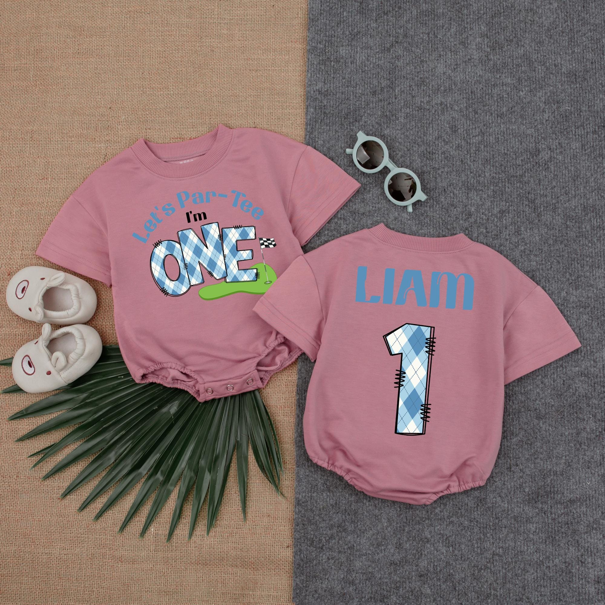 Let's Par-Tee I'm ONE Birthday Romper for Boys Personalized Golf Outfit Baby's First Party Blue Plaid Toddler Gift