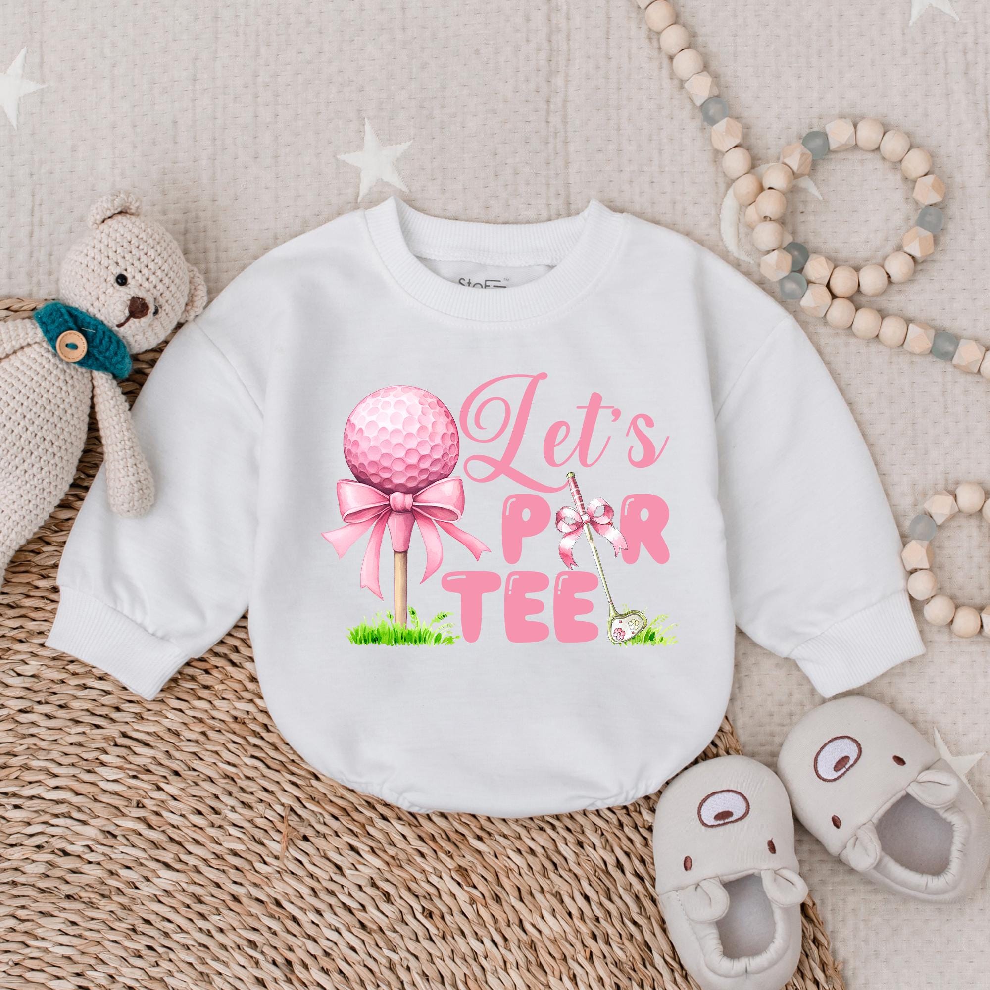 Let's Par Tee Romper for Girls Cute Pink Golf Outfit Toddler Party Tee Adorable Soft Cotton Golf Cart Design Playful Baby Gift