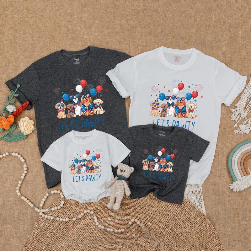 Let's Pawty Matching Family Shirts with Dogs, Patriotic Red White Blue Design, Soft Cotton Short Sleeves for 4th of July Celebrations