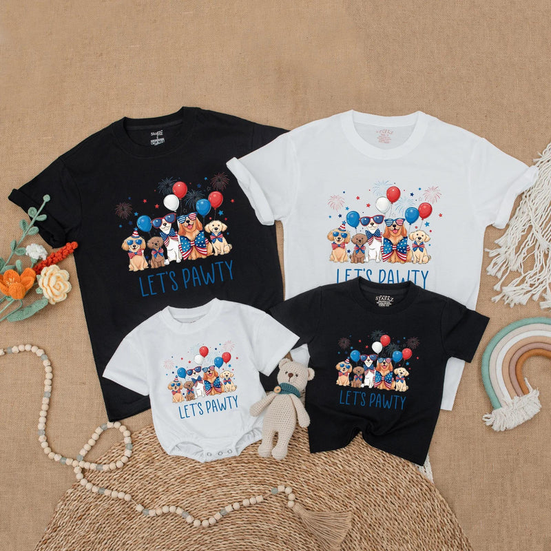 Let's Pawty Matching Family Shirts with Dogs, Patriotic Red White Blue Design, Soft Cotton Short Sleeves for 4th of July Celebrations