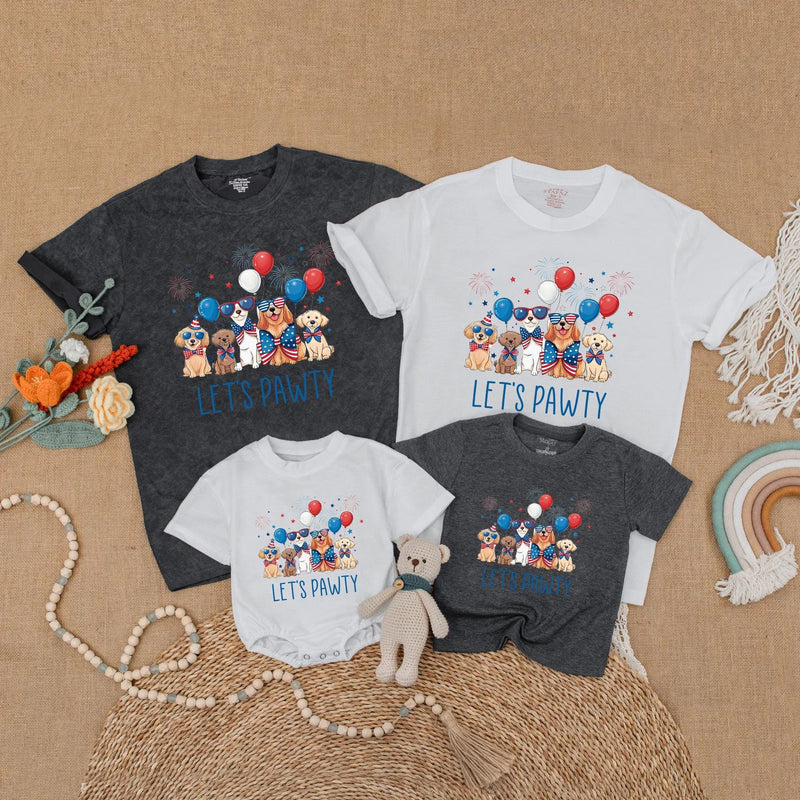 Let's Pawty Matching Family Shirts with Dogs, Patriotic Red White Blue Design, Soft Cotton Short Sleeves for 4th of July Celebrations