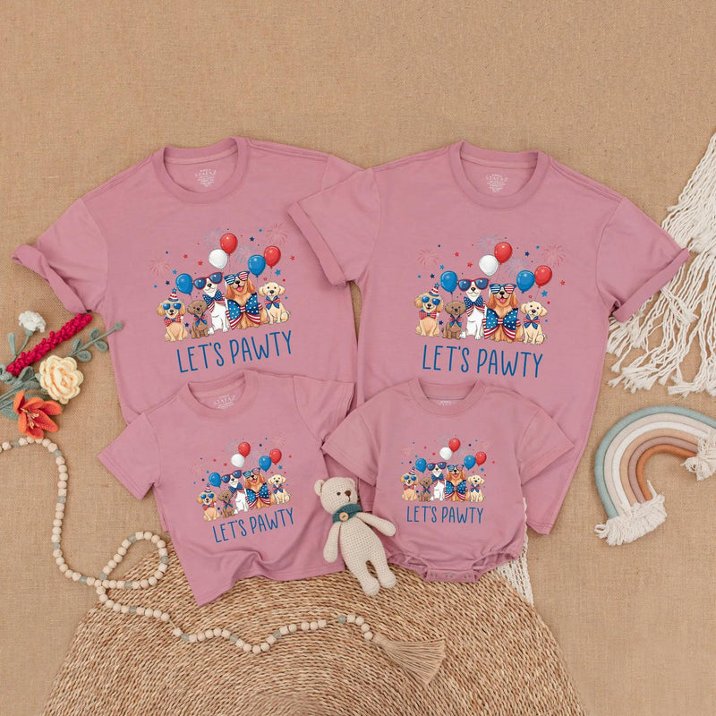 Let's Pawty Matching Family Shirts with Dogs, Patriotic Red White Blue Design, Soft Cotton Short Sleeves for 4th of July Celebrations
