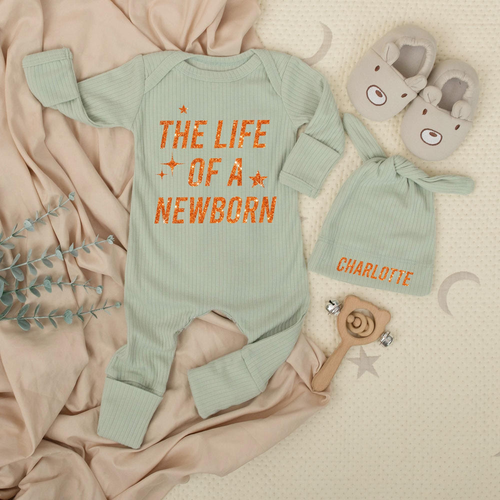 The Life of a Newborn Baby Bodysuit Set with Glittery Orange Retro Design, Custom Name Hat, Cotton Long Sleeve Outfit Baby Shower Gift