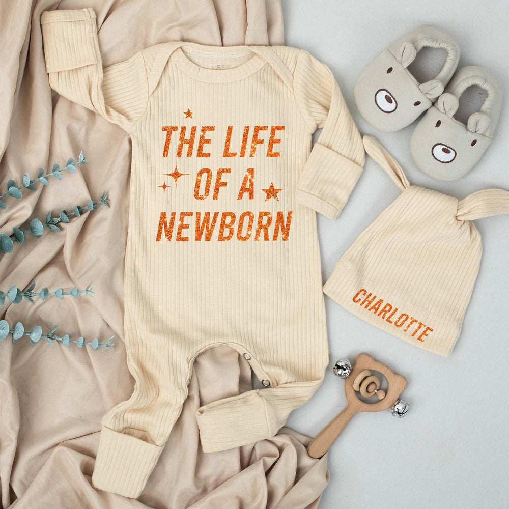 The Life of a Newborn Baby Bodysuit Set with Glittery Orange Retro Design, Custom Name Hat, Cotton Long Sleeve Outfit Baby Shower Gift
