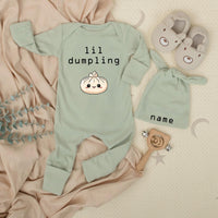 Lil Dumpling Baby Bodysuit and Hat Set with Name Customization Adorable Unisex Newborn Gift Cute Steamed Bun Design Going Home Outfit
