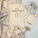 Lil Dumpling Baby Bodysuit and Hat Set with Name Customization Adorable Unisex Newborn Gift Cute Steamed Bun Design Going Home Outfit