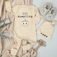 Lil Dumpling Baby Bodysuit and Hat Set with Name Customization Adorable Unisex Newborn Gift Cute Steamed Bun Design Going Home Outfit