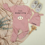 Lil Dumpling Baby Bodysuit and Hat Set with Name Customization Adorable Unisex Newborn Gift Cute Steamed Bun Design Going Home Outfit