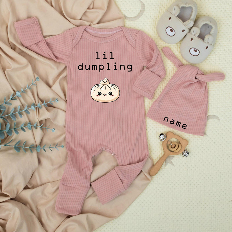 Lil Dumpling Baby Bodysuit and Hat Set with Name Customization Adorable Unisex Newborn Gift Cute Steamed Bun Design Going Home Outfit