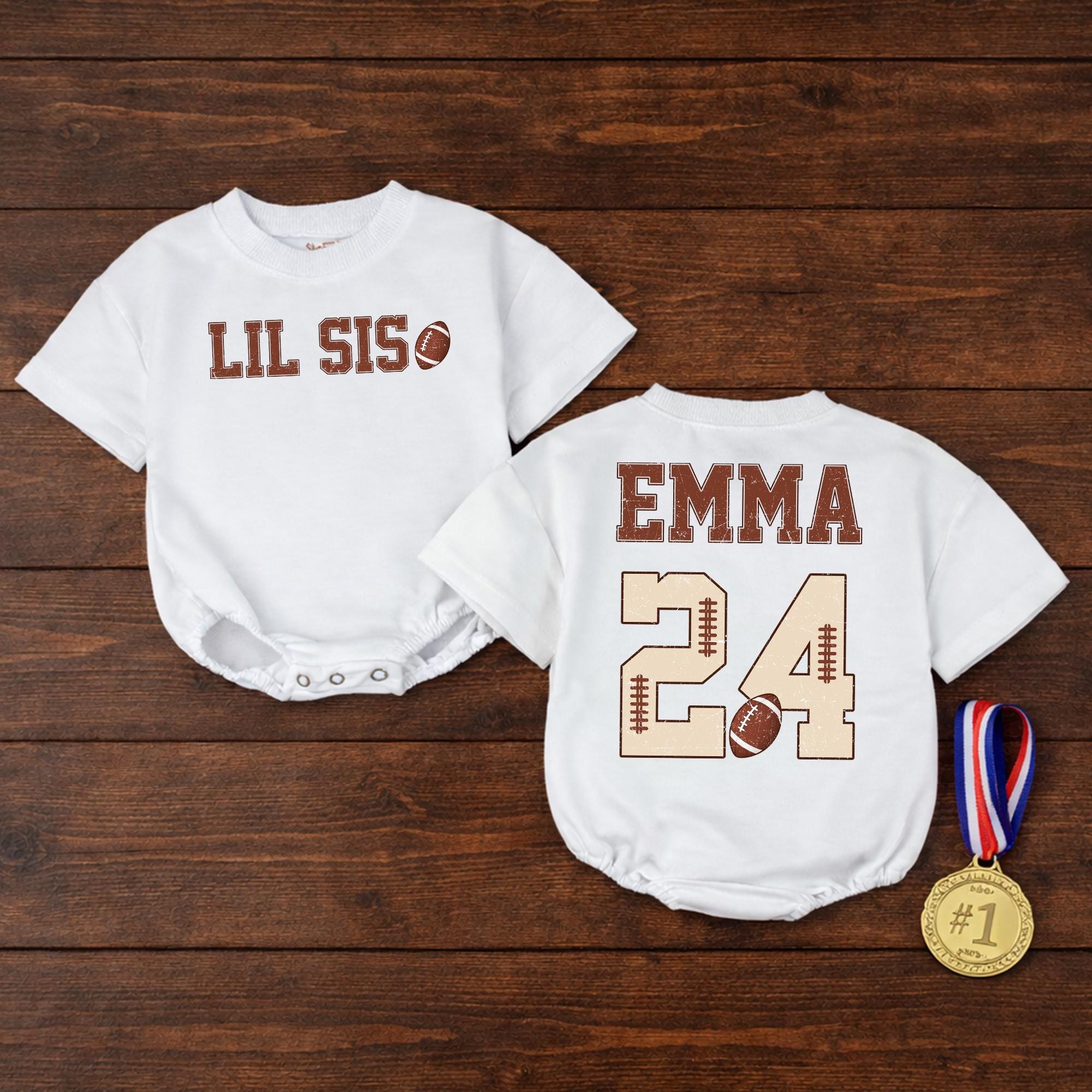 Lil Sis Football Baby Romper with Custom Name & Number, Personalized Toddler Outfit for Game Day, Vintage Sports Baby Bodysuit