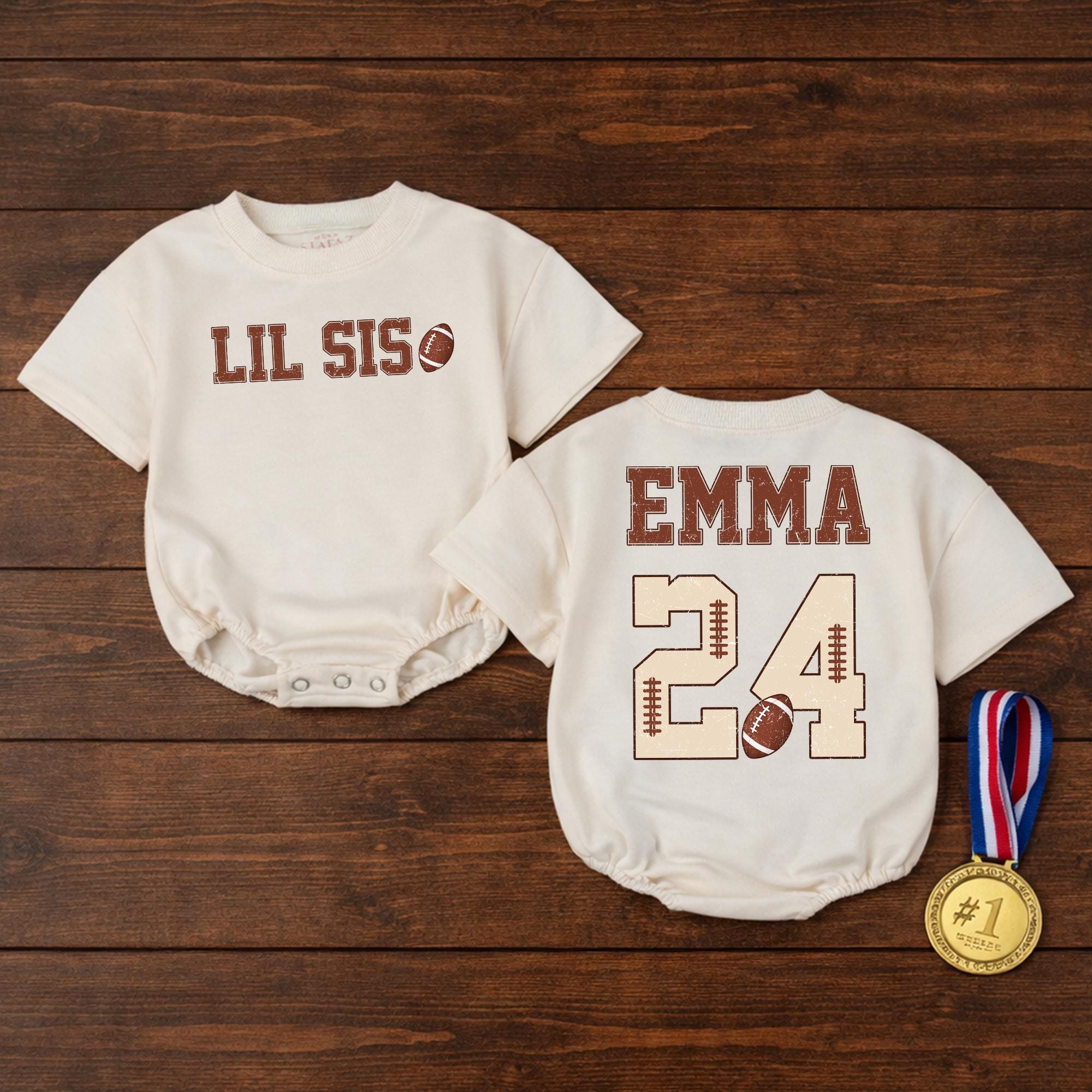 Lil Sis Football Baby Romper with Custom Name & Number, Personalized Toddler Outfit for Game Day, Vintage Sports Baby Bodysuit