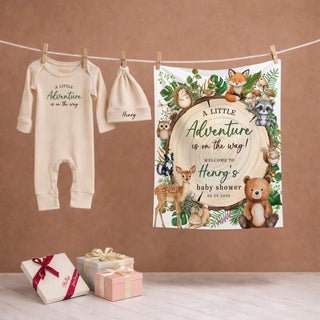 A Little Adventure Is On The Way Silk Baby Shower Banner with Forest Animal Design, Personalized Name & Date, Woodland Theme