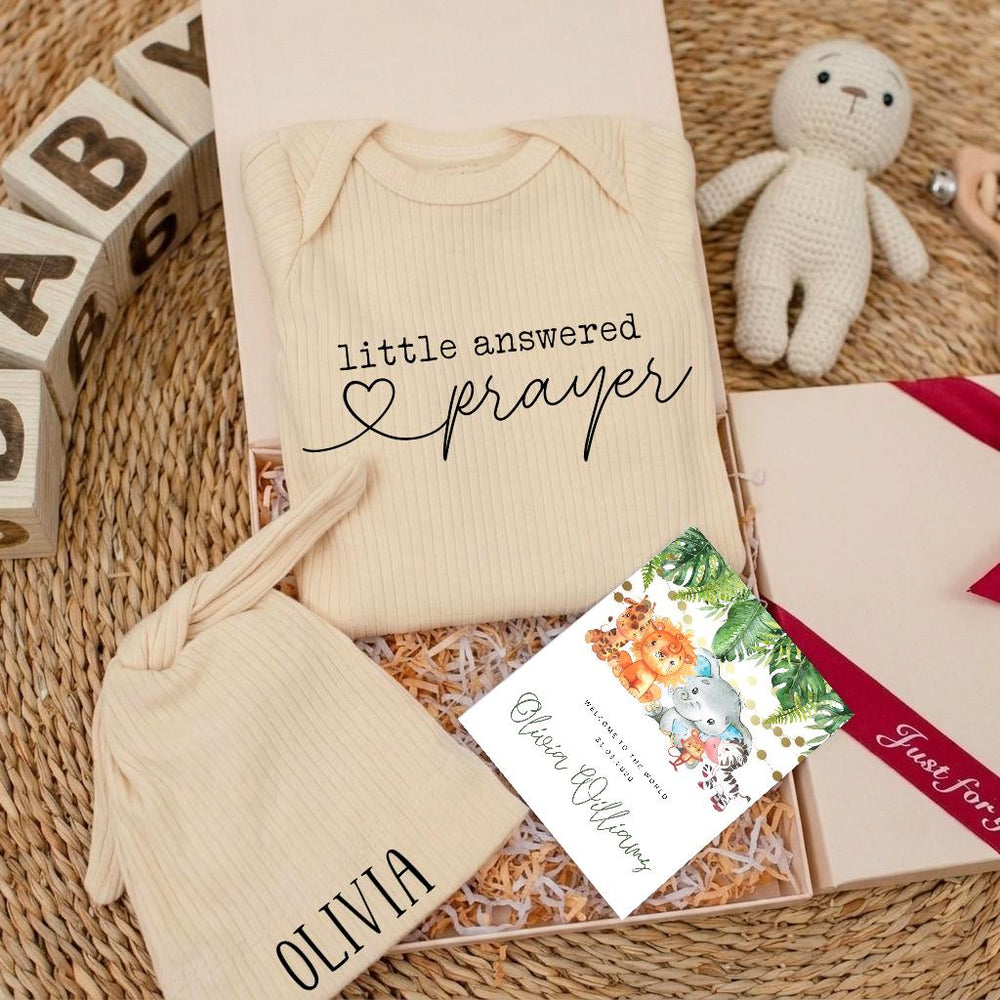 Little Answered Prayer Baby Bodysuit and Hat Set Personalized with Olivia Name Modern Christian Newborn Outfit Gift for Coming Home