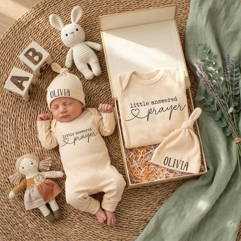Little Answered Prayer Baby Bodysuit and Hat Set Personalized with Olivia Name Modern Christian Newborn Outfit Gift for Coming Home