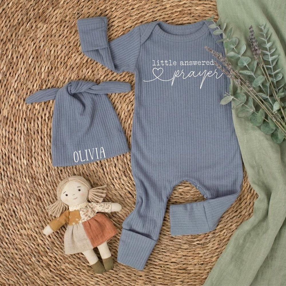Little Answered Prayer Baby Bodysuit and Hat Set Personalized with Olivia Name Modern Christian Newborn Outfit Gift for Coming Home