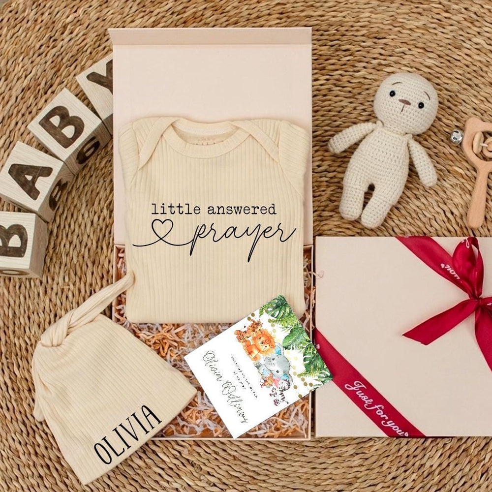 Little Answered Prayer Baby Bodysuit and Hat Set Personalized with Olivia Name Modern Christian Newborn Outfit Gift for Coming Home