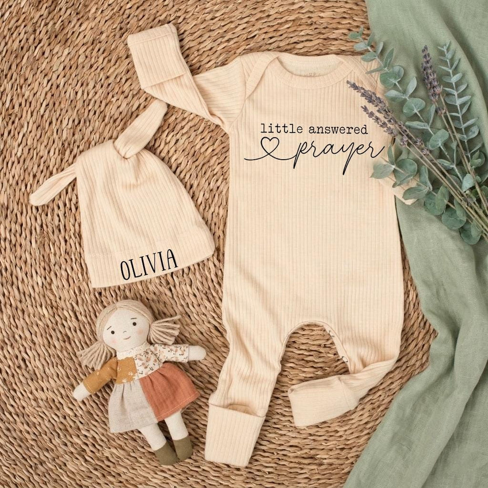 Little Answered Prayer Baby Bodysuit and Hat Set Personalized with Olivia Name Modern Christian Newborn Outfit Gift for Coming Home