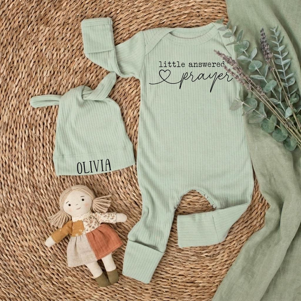 Little Answered Prayer Baby Bodysuit and Hat Set Personalized with Olivia Name Modern Christian Newborn Outfit Gift for Coming Home
