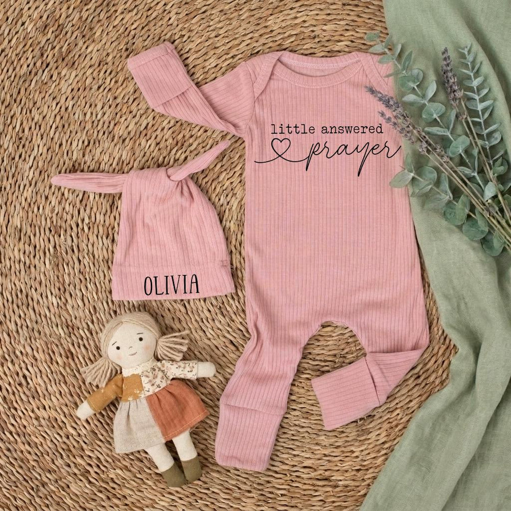 Little Answered Prayer Baby Bodysuit and Hat Set Personalized with Olivia Name Modern Christian Newborn Outfit Gift for Coming Home