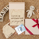 Little Answered Prayer Baby Gift Box with Personalized Name Hat Newborn Coming Home Outfit Soft Cotton Baby Shower Keepsake