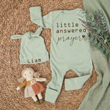Little Answered Prayer Baby Gift Box with Personalized Name Hat Newborn Coming Home Outfit Soft Cotton Baby Shower Keepsake