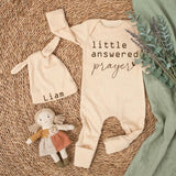 Little Answered Prayer Baby Gift Box with Personalized Name Hat Newborn Coming Home Outfit Soft Cotton Baby Shower Keepsake
