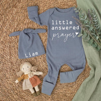 Little Answered Prayer Baby Gift Box with Personalized Name Hat Newborn Coming Home Outfit Soft Cotton Baby Shower Keepsake