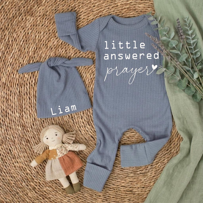 Little Answered Prayer Baby Gift Box with Personalized Name Hat Newborn Coming Home Outfit Soft Cotton Baby Shower Keepsake