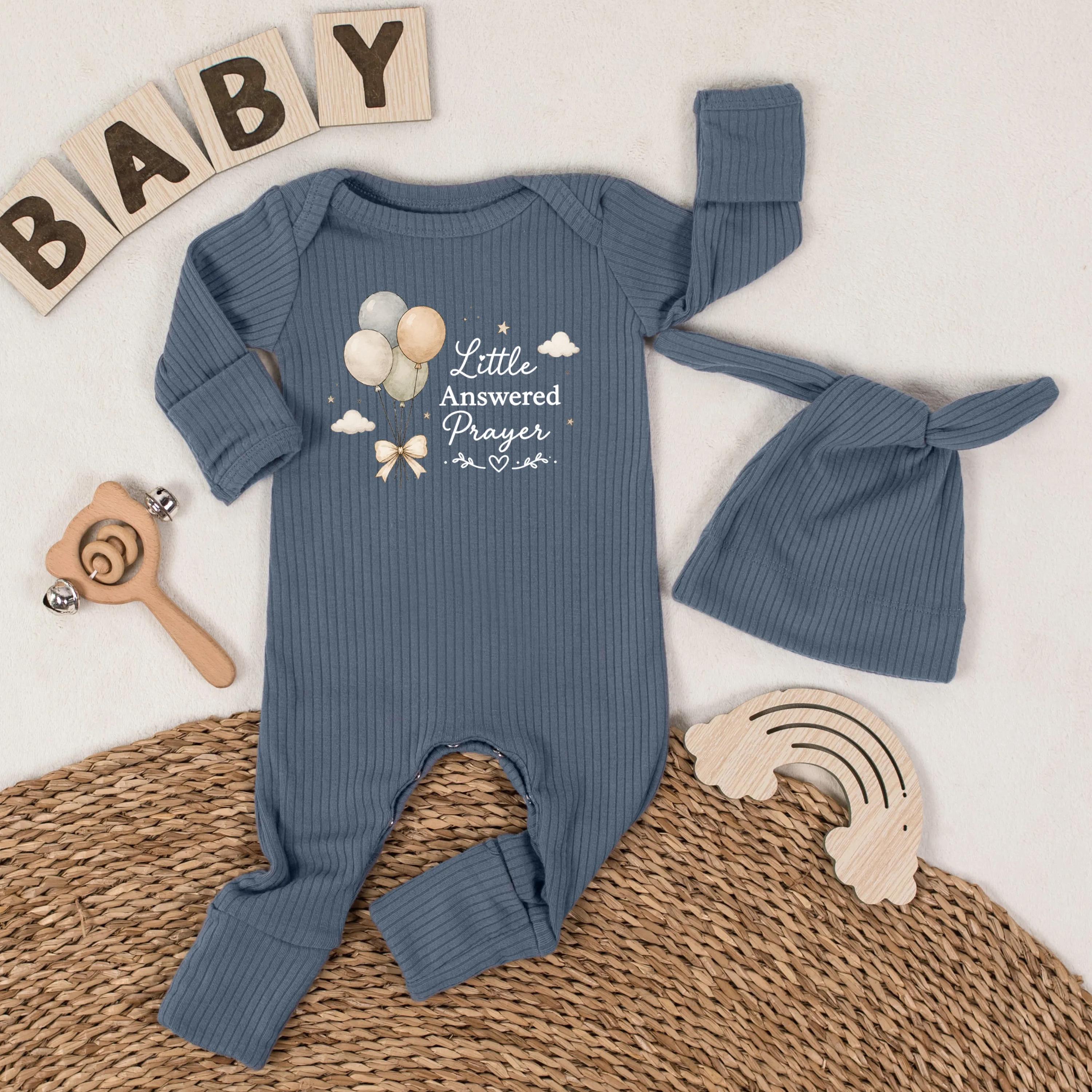 Little Answered Prayer Baby Romper with Balloon Artwork and Matching Hat, Faith-Based Newborn Outfit for Baby Shower Gift